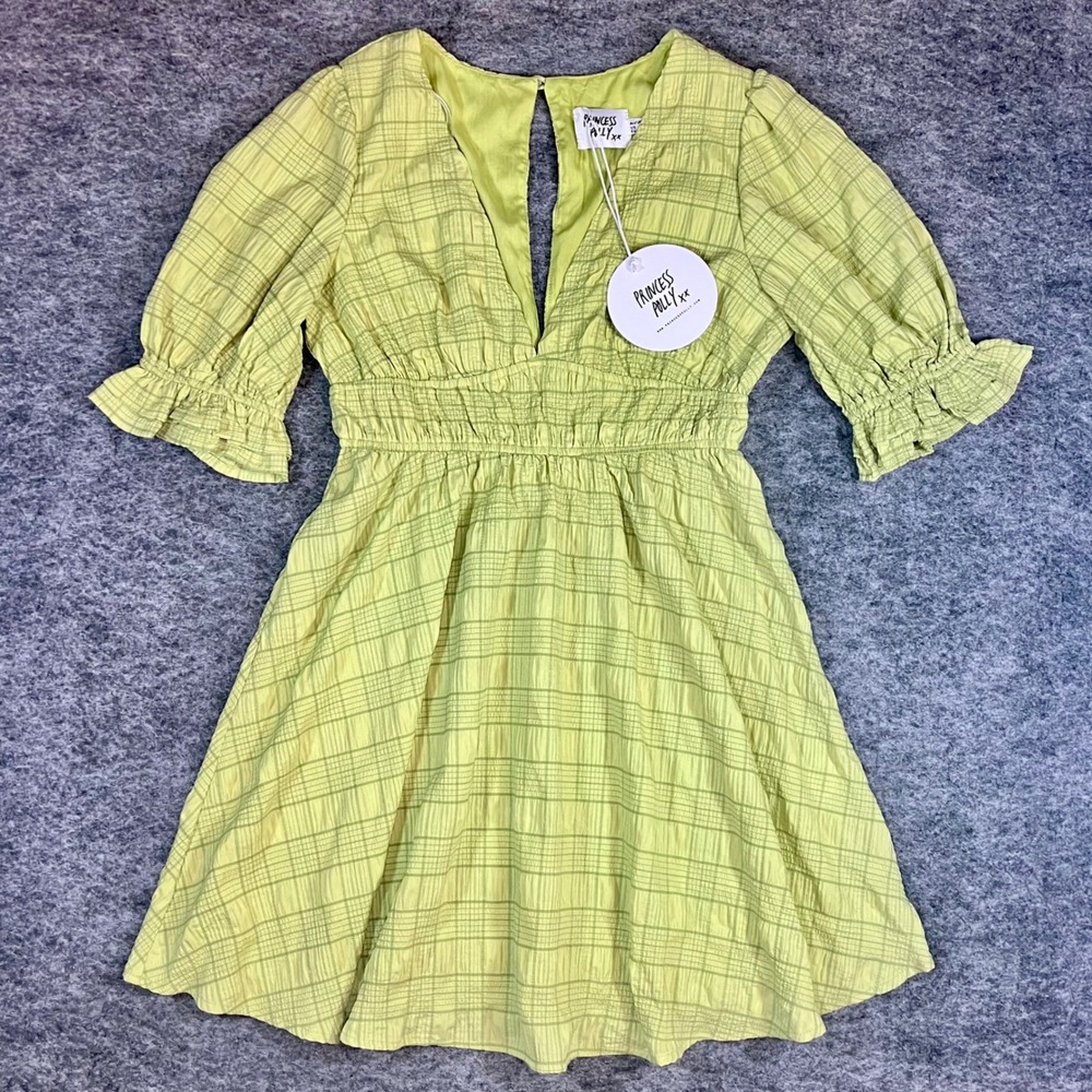 Princess Polly Mini Dress Womens 8 Green Plaid Puff Sleeve Cottagecore Summer - Picture 2 of 10